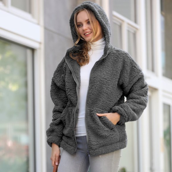 Jackets & Blazers - Gray Sherpa Hooded zip up Jacket